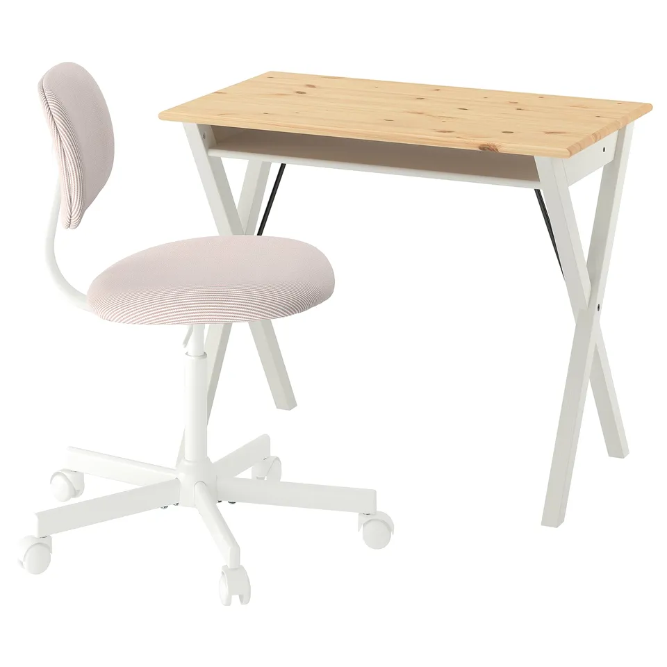 BOLLPOJKE / BLECKBERGET Desk and chair, white/orange-brown