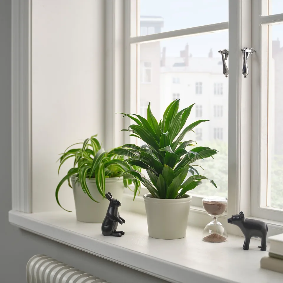 Two green plants and three black sculptures on a windowsill.