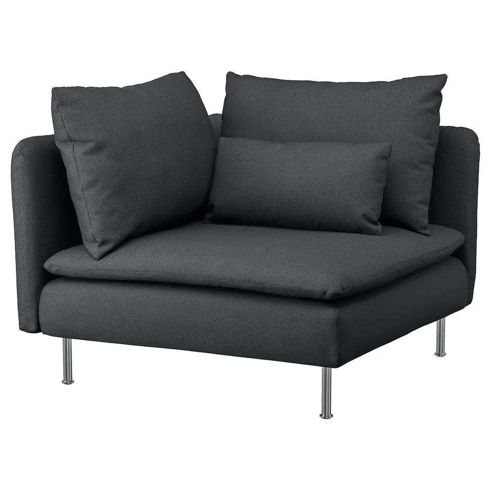 Black modern sofa, SÖDERHAMN. Deep seats, loose cushions, high legs. Cotton, polyester cover. Airy, stylish design.