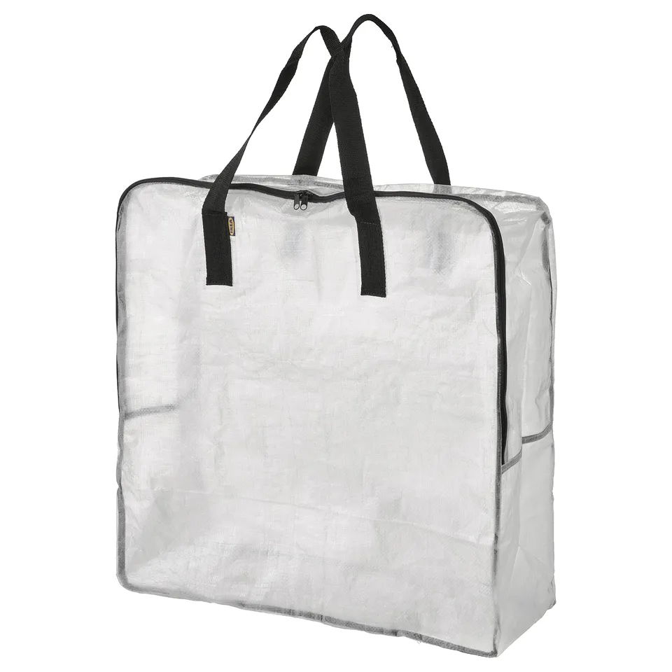 DIMPA transparent storage bag, white, durable plastic, rectangular shape, zip closure, black straps.