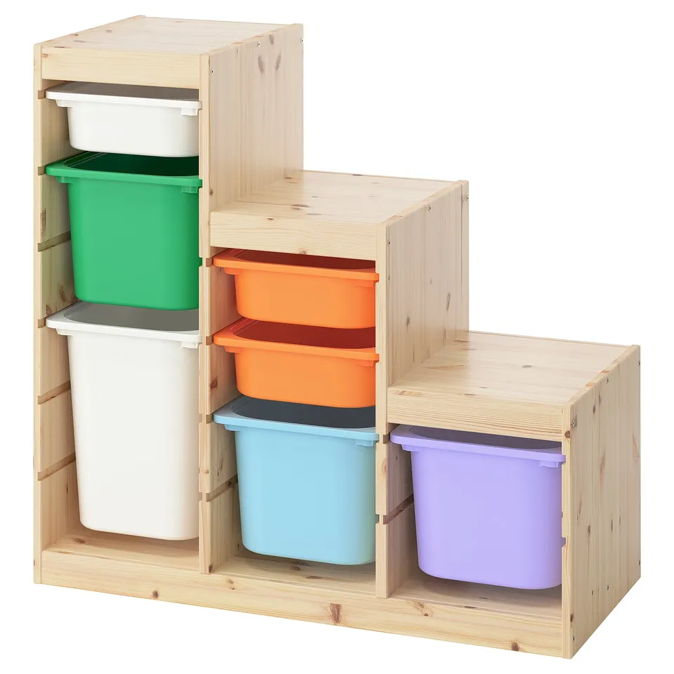 TROFAST Storage combination with boxes, light white stained pine/multicolour, 99x44x91 cm