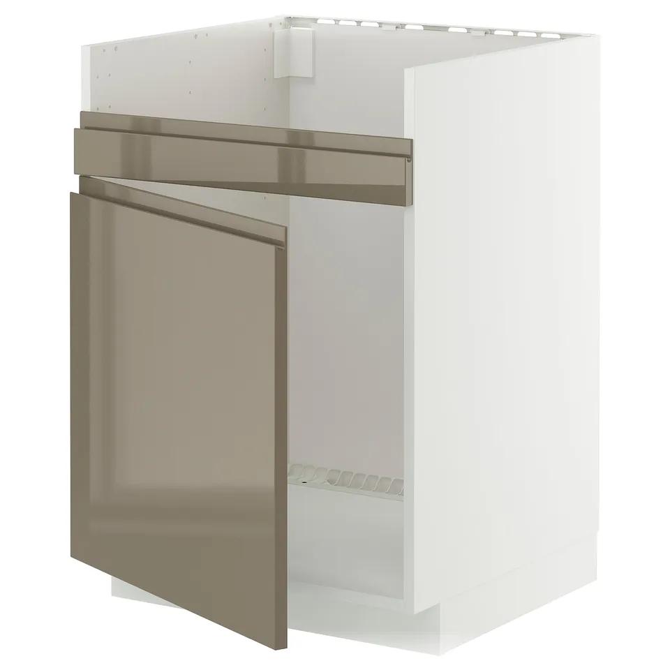 High gloss dark grey-brown METOD kitchen cabinet with stainless steel handles.