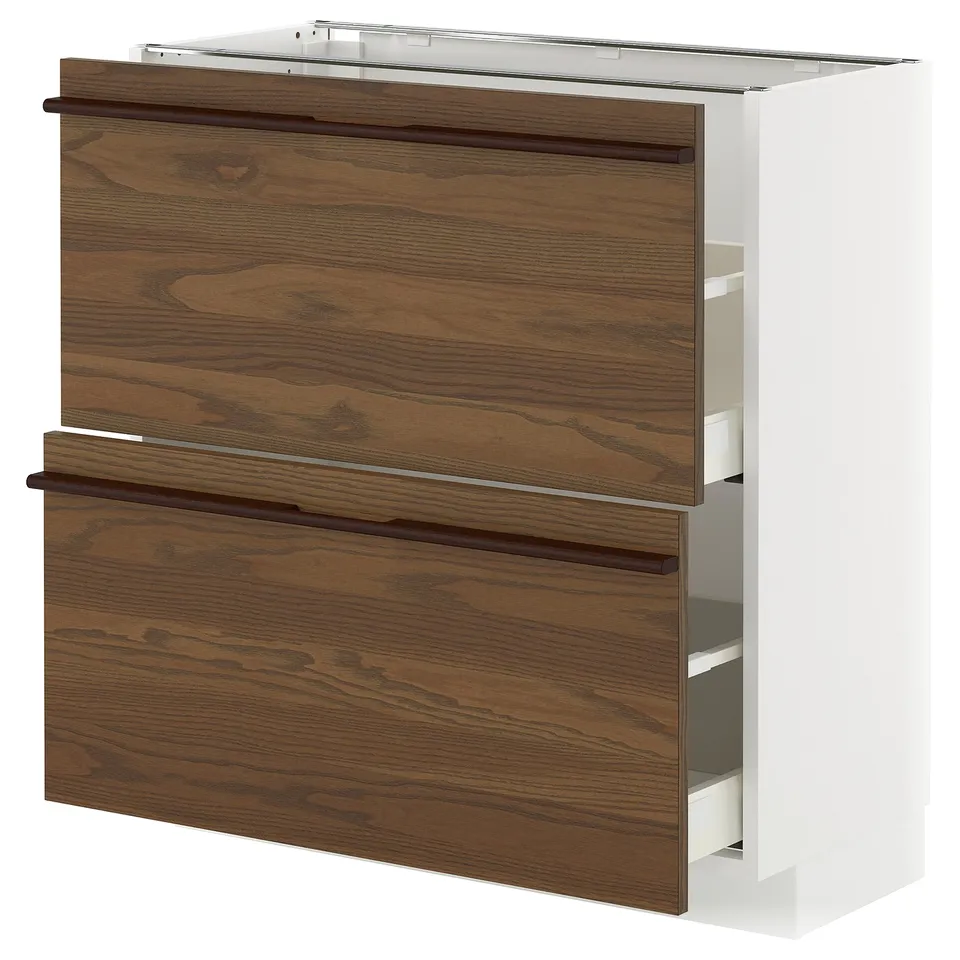Walnut METOD kitchen unit with two drawers and minimalist handles.