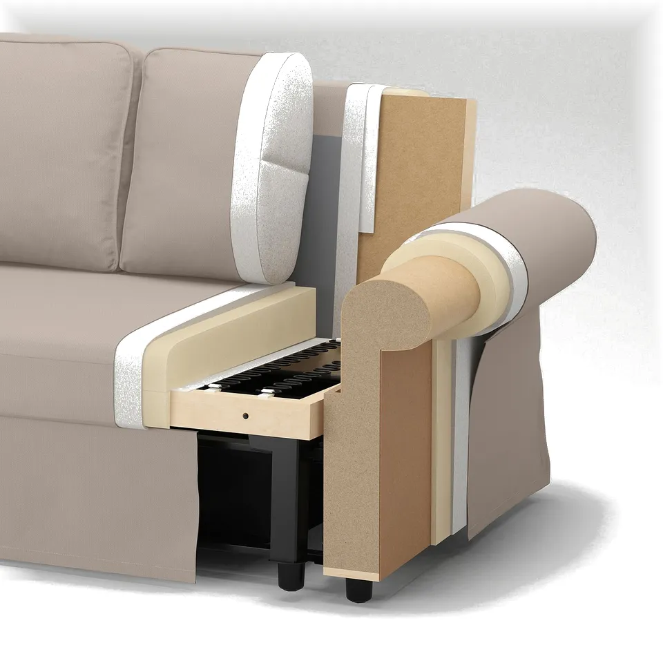 Couch layers: upholstery fabric, foam, particleboard, metal rails.