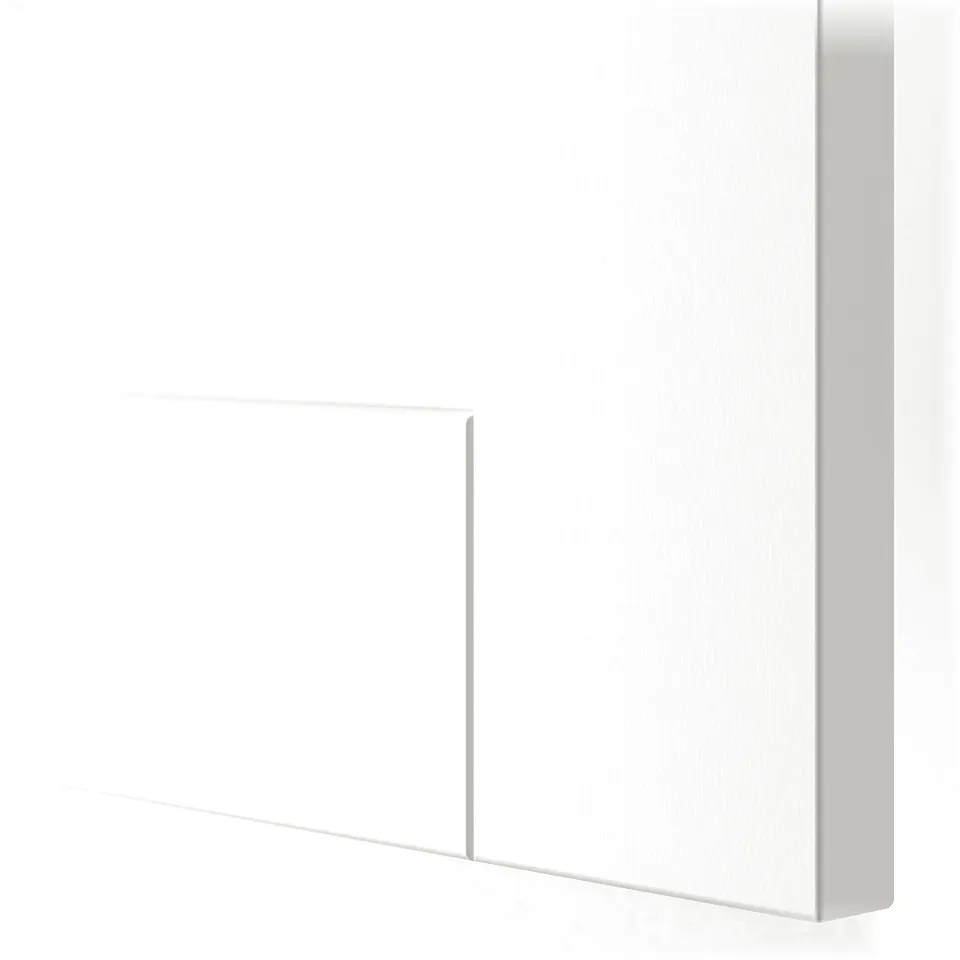 White SANNIDAL drawer front close-up; smooth, sleek design. High-quality finish, part of a traditional-styled storage solution.
