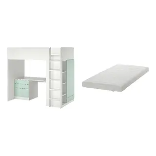 SMÅSTAD/ÅFJÄLL set: loft bed + foam mattress, white light green/with desk with 4 drawers + firm/white, 90x200 cm