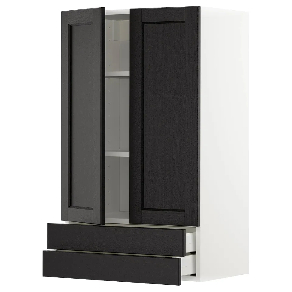 Black stained wood kitchen cabinet with two doors and two drawers.