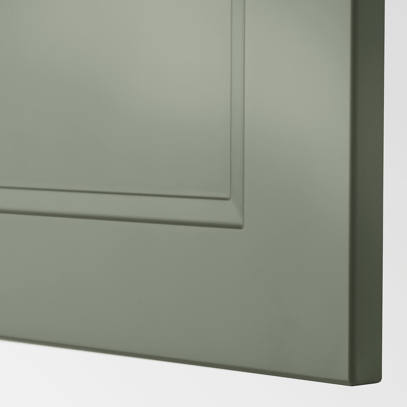 Close-up of modern grey-green kitchen cabinet, showcasing smooth finish and sleek design.