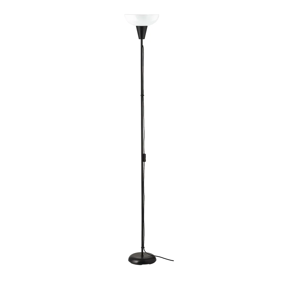 TÅGARP black floor lamp with conical shade, base, and adjustable steel rod, standing on circular concrete base.