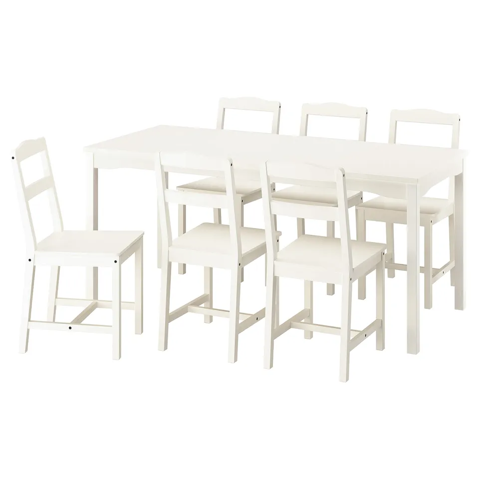 The HAUGA 6-seat dining set, white, with rectangular table and wooden chair design.