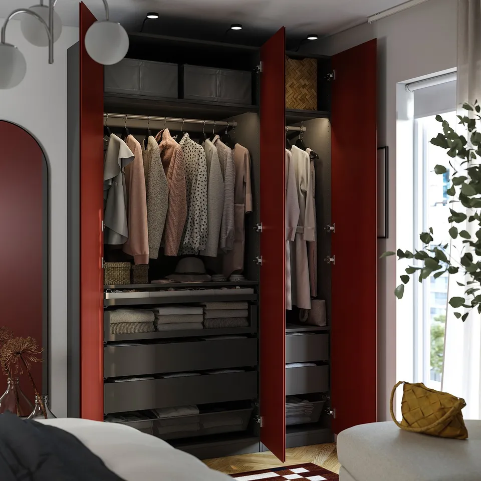 PAX / VIKANES Wardrobe combination, dark grey/red-brown, 150x60x236 cm