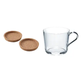 IKEA set: coaster + mug, cork + clear glass, 10 cm