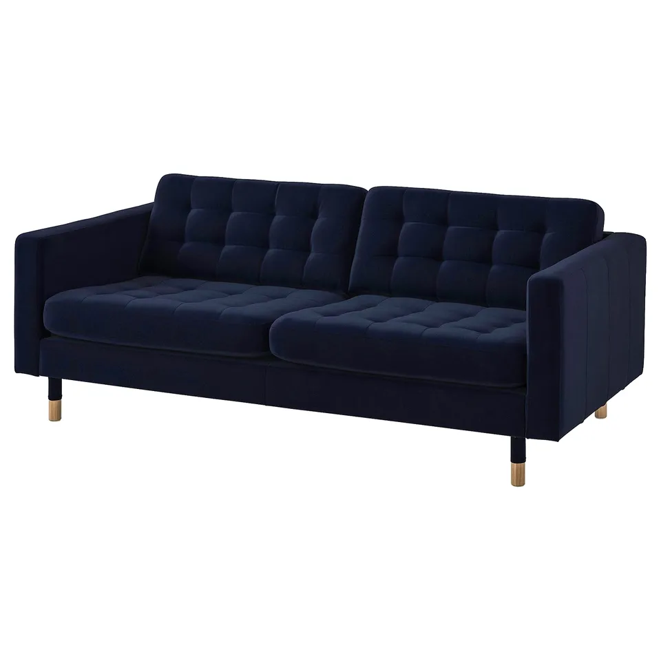 This is a LANDSKRONA sofa in dark blue, velvet. It has a tufted design, wooden legs, and a 3-seat configuration.