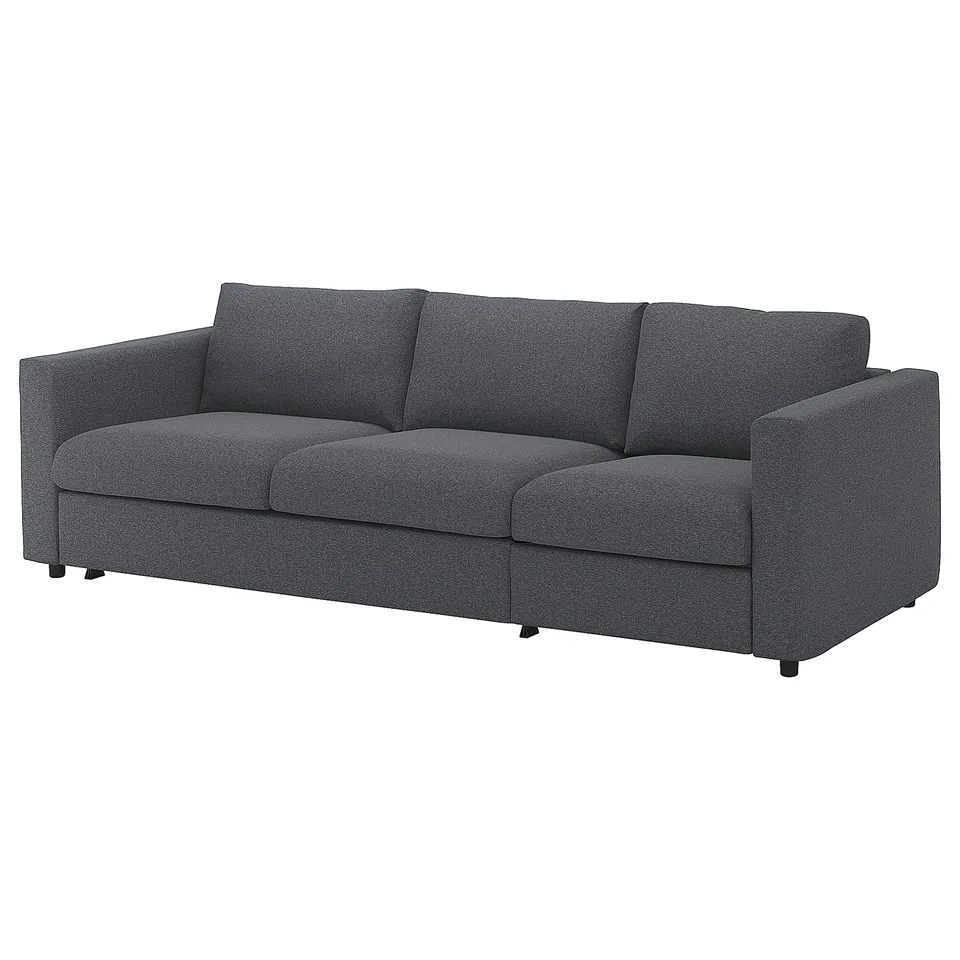 VIMLE grey sofa, modern design, three cushions, dark fabric.