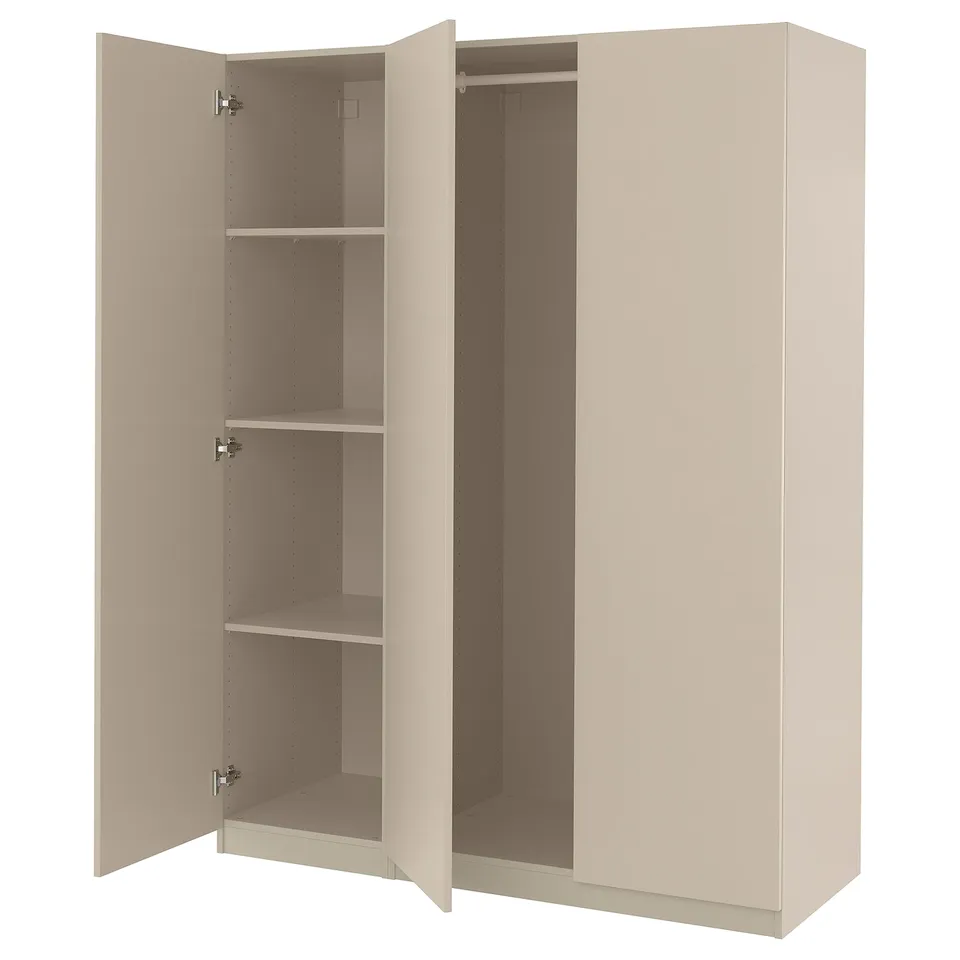 PAX wardrobe: tall, beige, flat-panel, 2-door, 3-shelf, wooden interior, soft-close hinges.