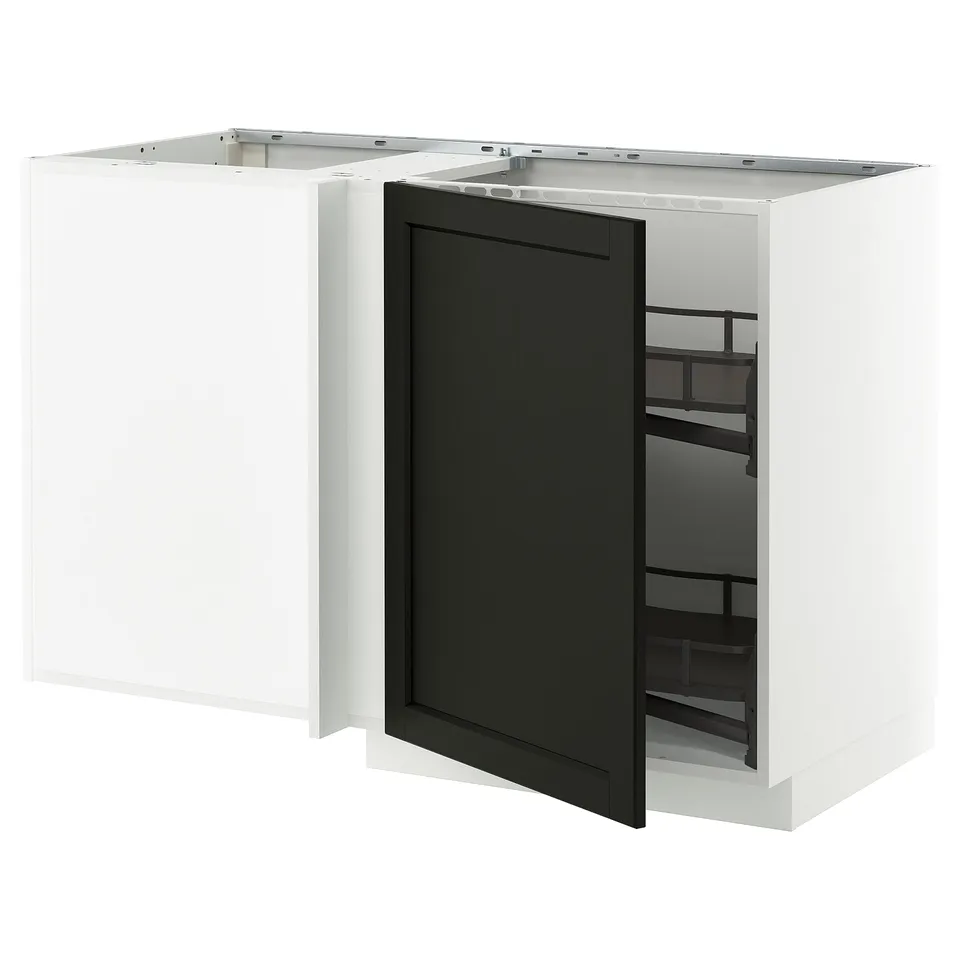 Modern white kitchen unit with black door, no knobs, pull-out shelves.