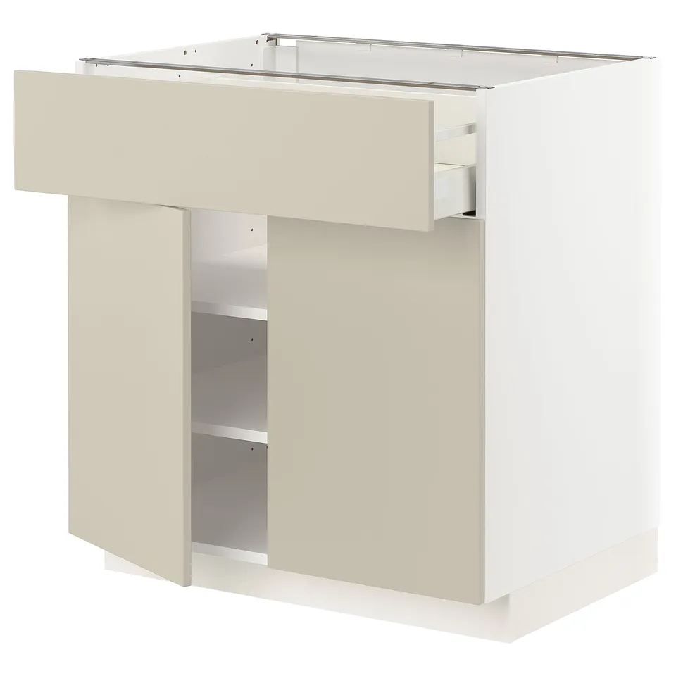 METOD kitchen cabinet, off-white, minimalist design, beige fronts, adjustable shelves, soft-close drawer.