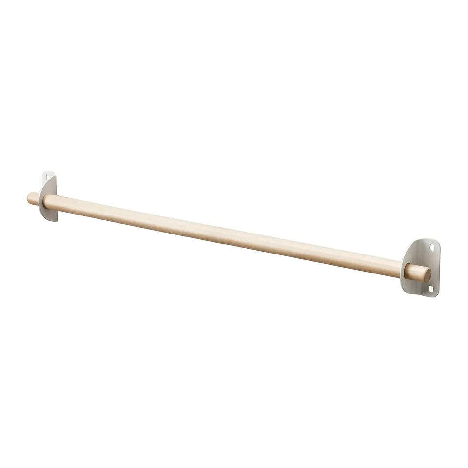 NEREBY wooden rail, silver metal brackets, wall-mounted, minimalist design.