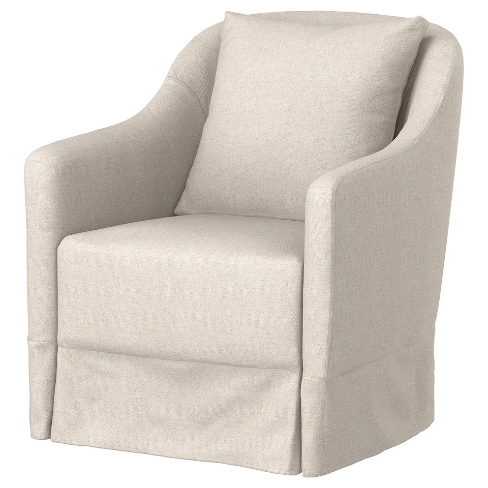 NORDKROKEN beige swivel chair, soft fabric, curved design, comfortable.