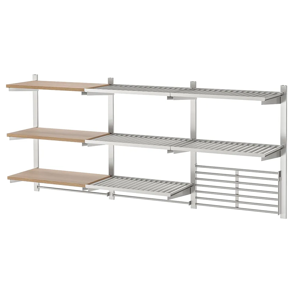 KUNGSFORS wall shelf, silver & wood, adjustable, durable, stainless & particleboard, modern design.