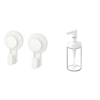 TACKAN/TISKEN set: hook with suction cup + soap dispenser, white, Length 10 x Width 6 x Height 4 cm