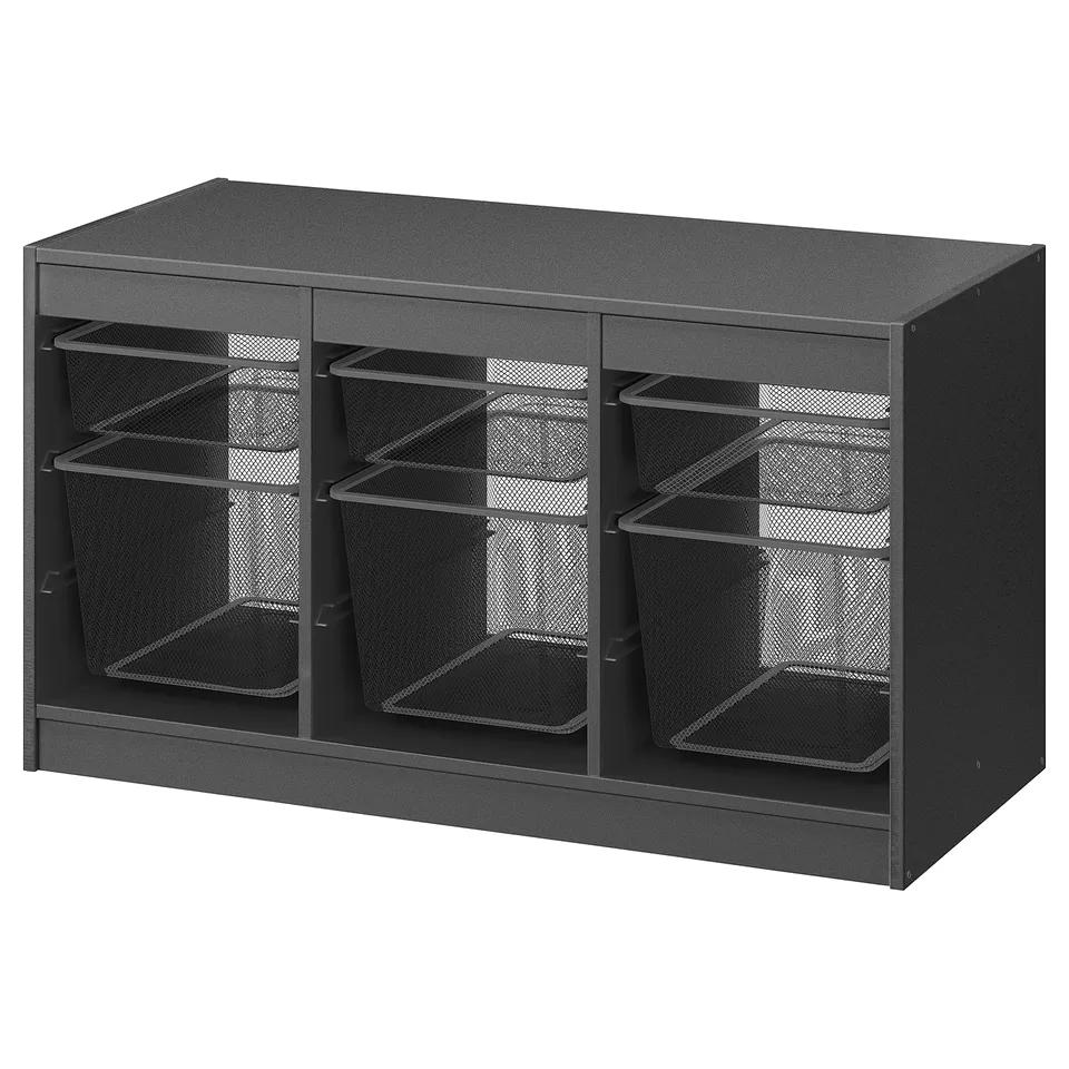 A black TROFAST storage unit with three mesh baskets, ideal for organising items.