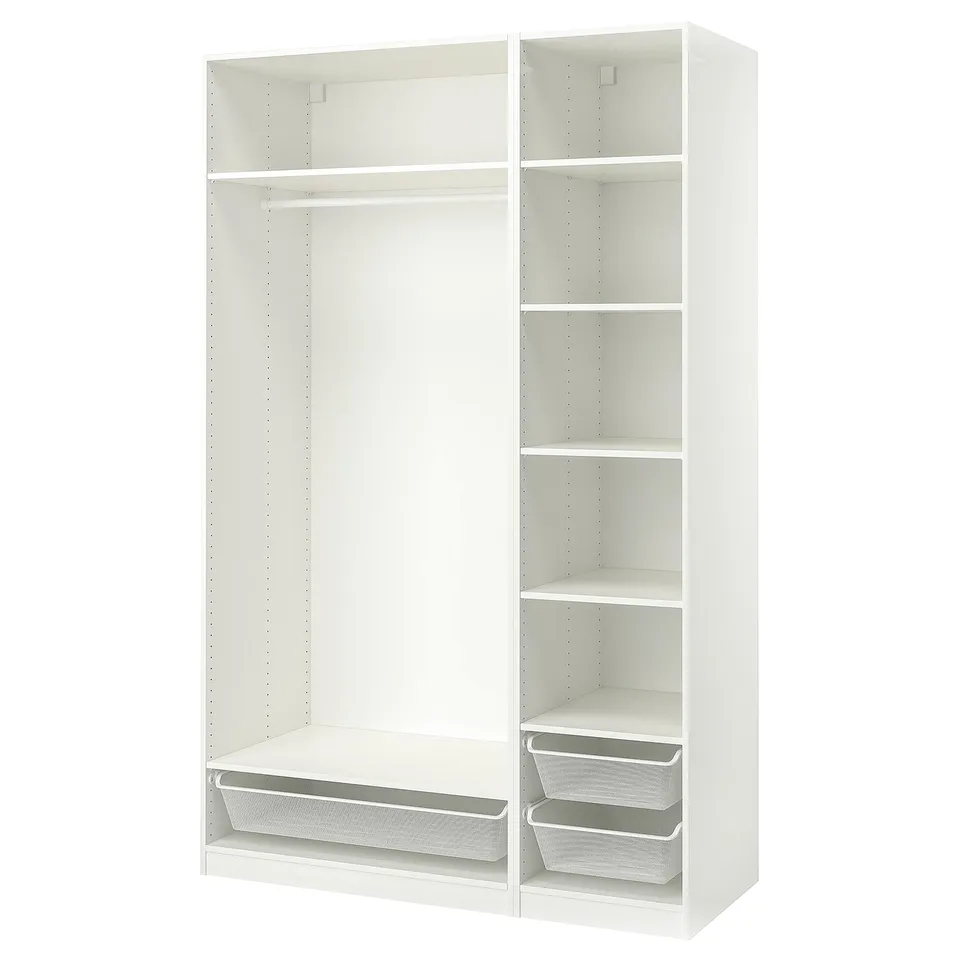 A white PAX wardrobe with shelves and mesh baskets.