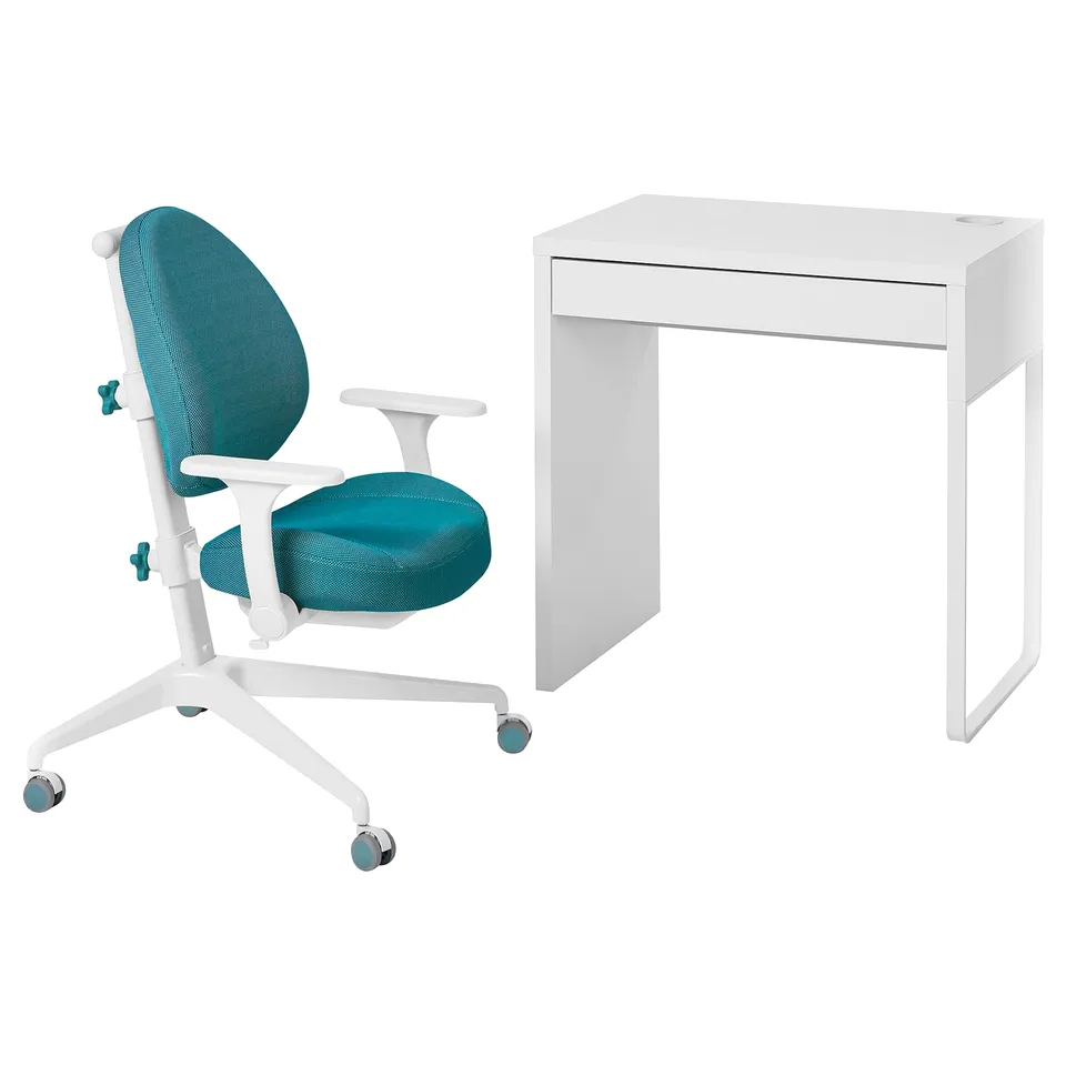 White desk and blue chair set with adjustable height.