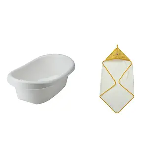 GRÖNFINK/LÄTTSAM set: baby bath + baby towel with hood, white/turquoise + yellow, Length 71 x Width 43 x Height 24 cm