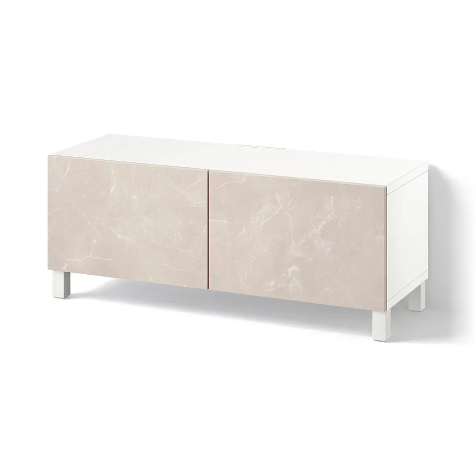 BESTÅ TV bench with doors, white Bergsviken/Stubbarp/beige, 120x42x48 cm