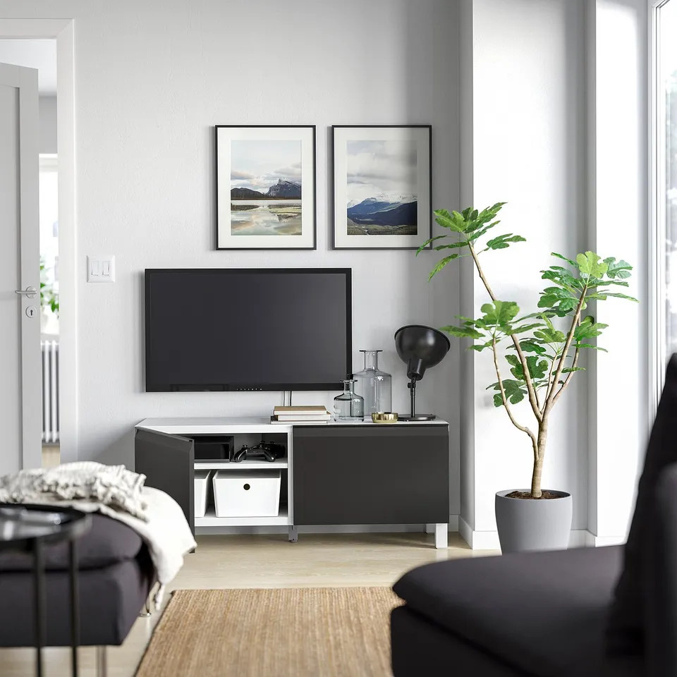 Modern living room with BESTÅ tv unit, adjustable shelves, and cable outlets. Includes flat-screen tv, decor, nature photos, and a tall green plant.