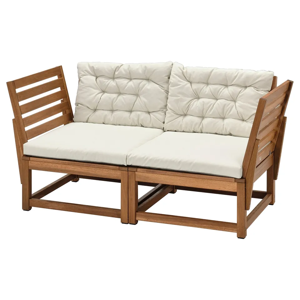 An NÄMMARÖ outdoor loveseat with beige cushions, made of acacia wood, featuring a slatted back and square armrests, perfect for patio relaxation.