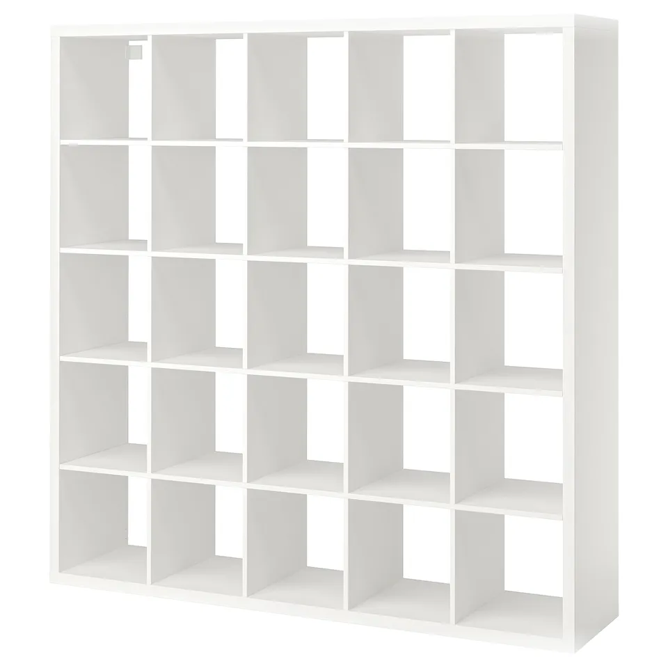 A white KALLAX cube shelving unit. Its square-shaped with multiple open storage compartments, ideal for various uses.