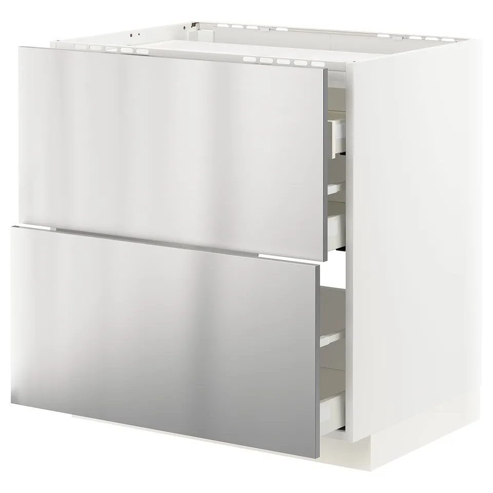 White modern kitchen unit, stainless steel drawer fronts, sleek design, two large drawers.
