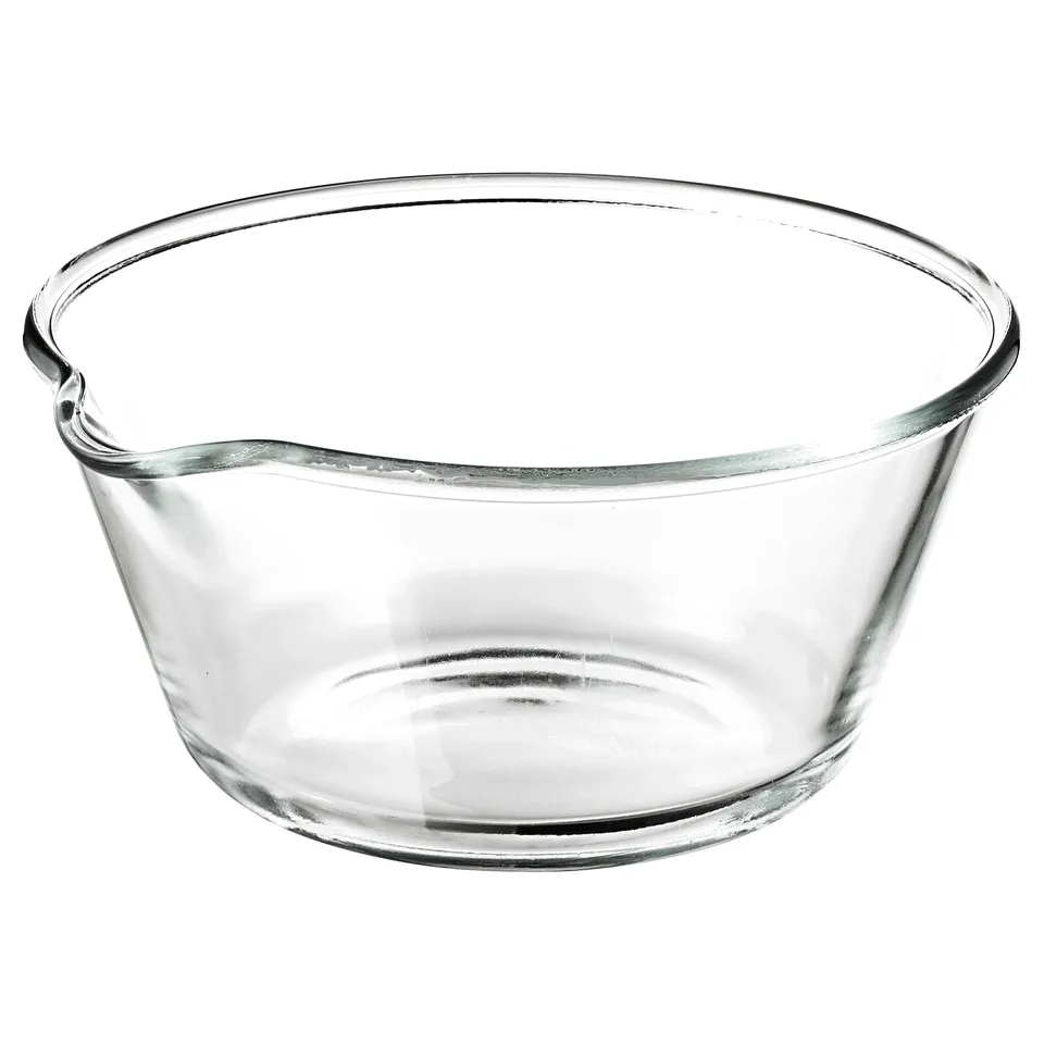 VARDAGEN glass bowl, clear, round with spout, simple design.
