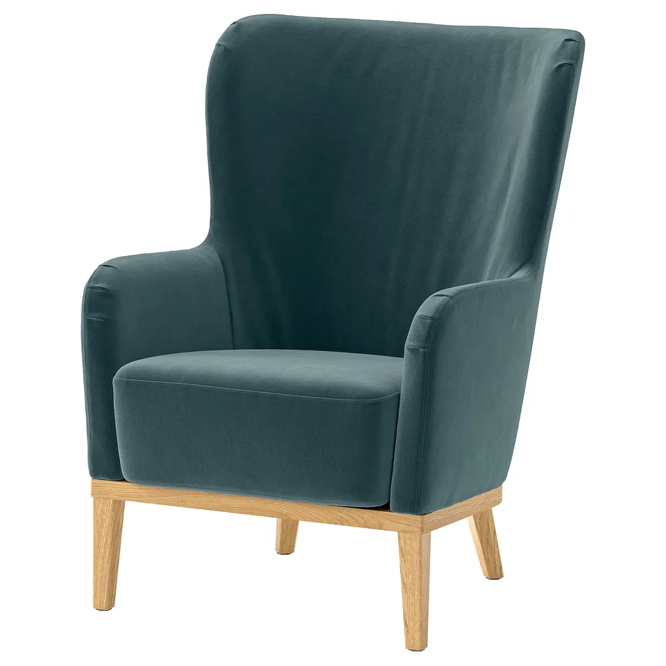 FAGERBACKEN: deep blue, high-back armchair. Wood base. Soft, recycled fabric.