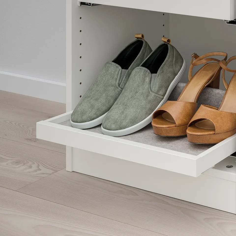White pull-out shelf with grey slip-ons and tan sandals, organised in closet.