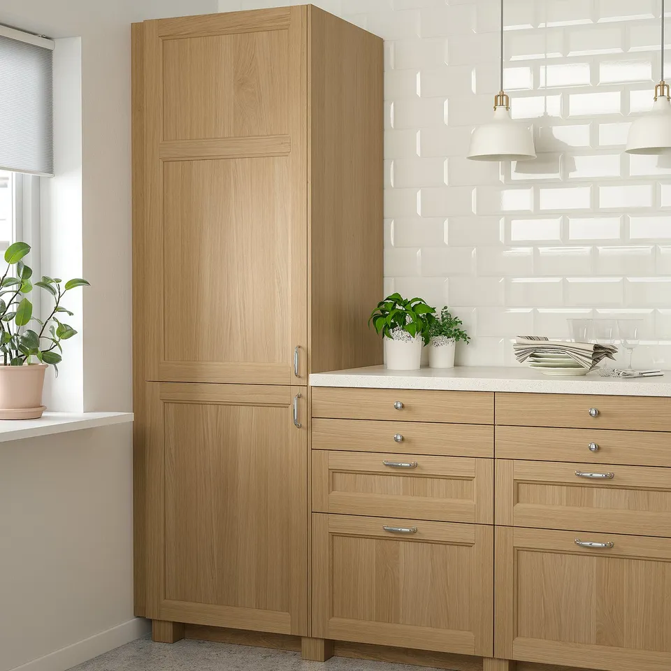 Natural wood cabinet & counter, tall & wide, with plants & light fixtures, soft close drawers.