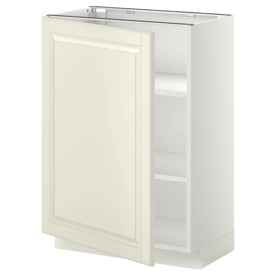 METOD off-white kitchen cabinet with bevelled door, sturdy frame, adjustable shelves, and nickel hinges.