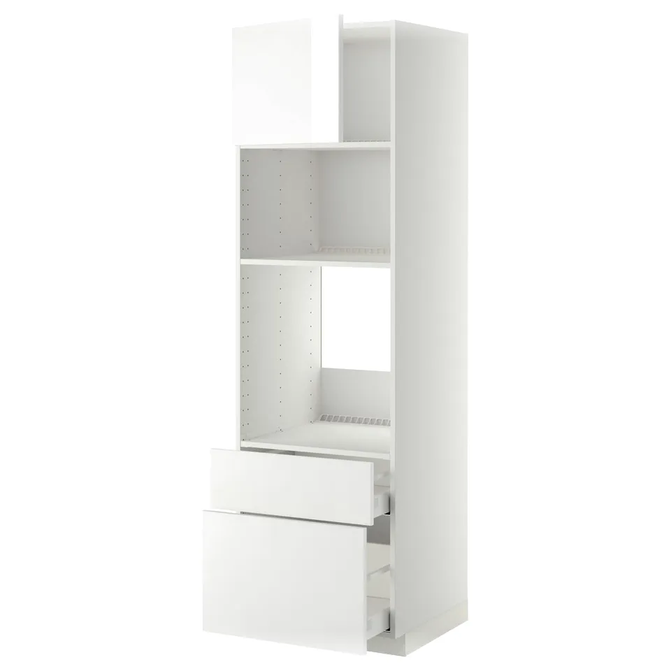 A white METOD kitchen cabinet with a glossy finish, featuring drawers and adjustable shelves.