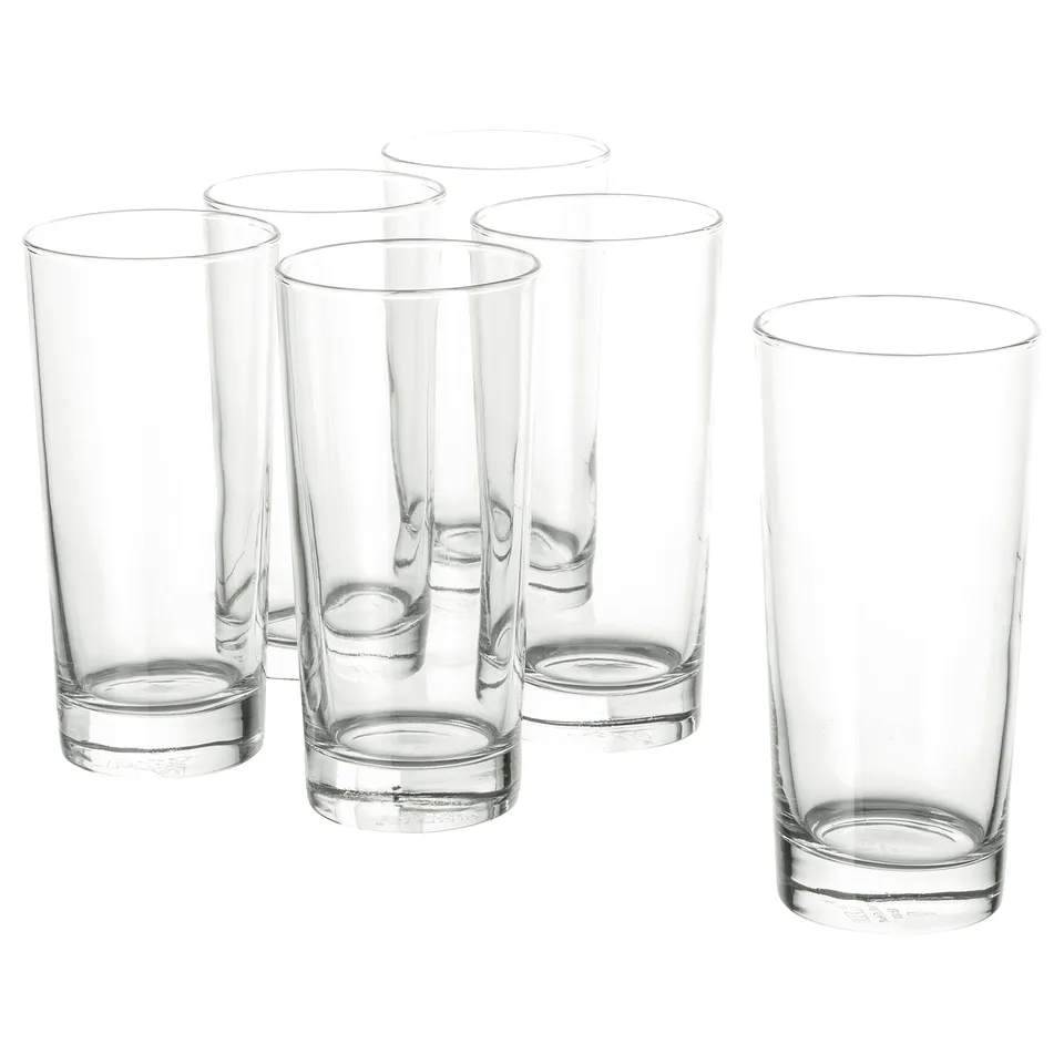 Six identical tall, clear GODIS glasses with straight, simple shape, ideal for cold drinks with ice.