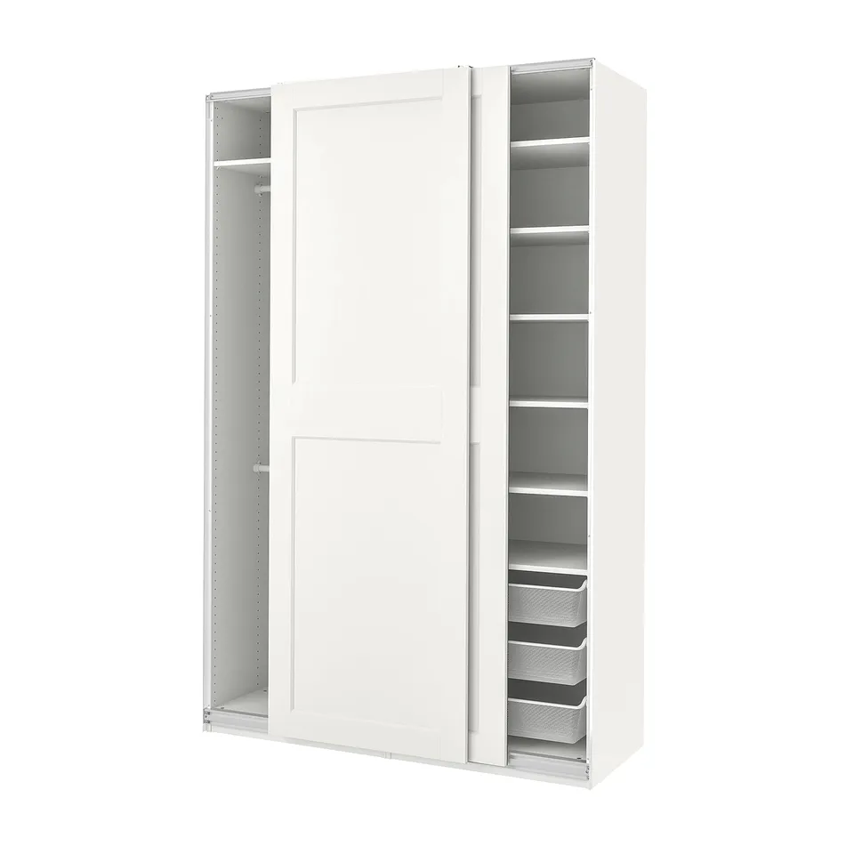 White PAX wardrobe with sliding doors, interior shelves, and mesh basket. Modern, minimalist design with grey accents.