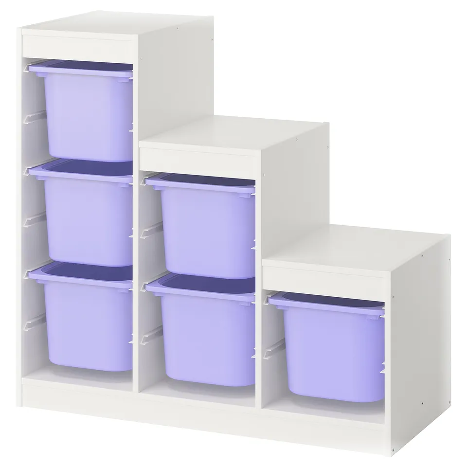 TROFAST storage unit: white frame, purple bins, cubic design.