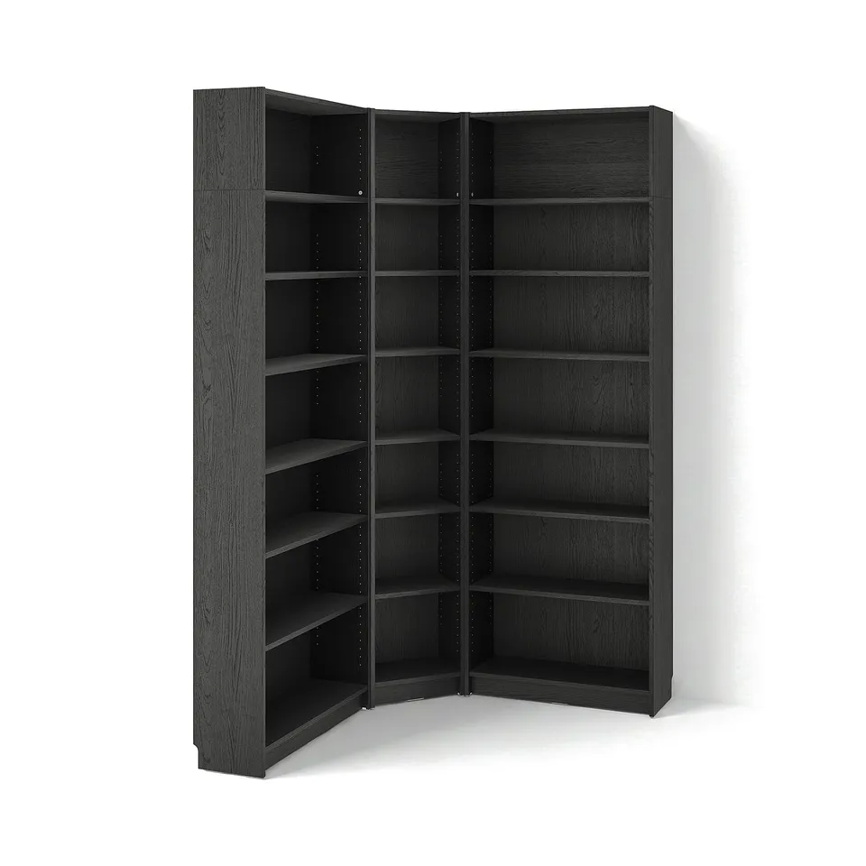 BILLY, an l-shaped bookcase with six empty shelves, made of blackish-brown wood, designed for corner use.