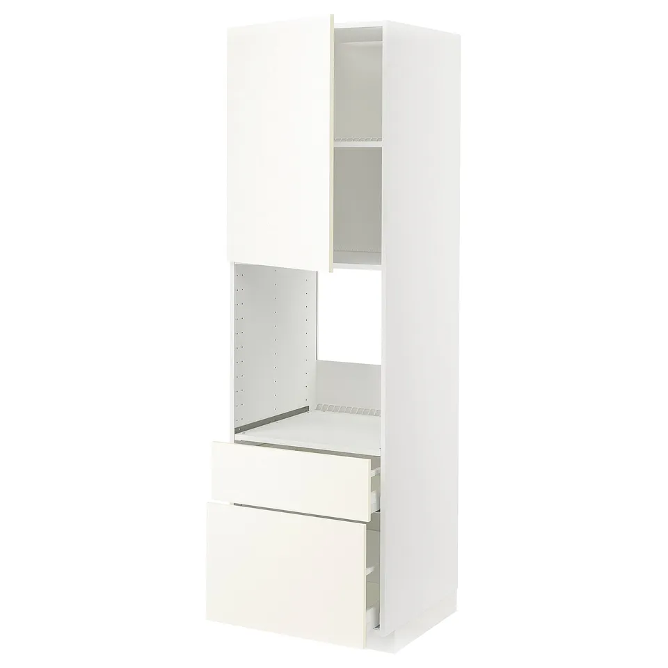 White ikea METOD kitchen cabinet with multiple shelves and drawers.