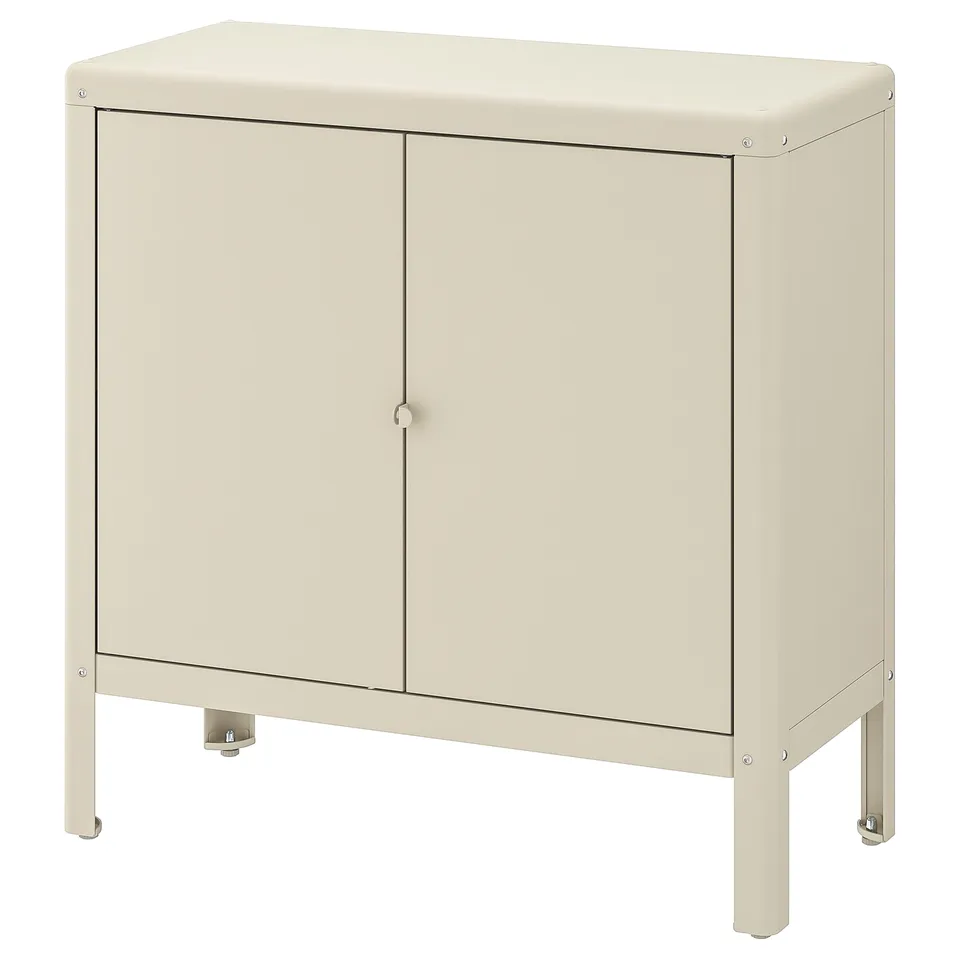 Beige KOLBJÖRN cabinet with 2 doors, indoor/outdoor storage, simple & functional steel.