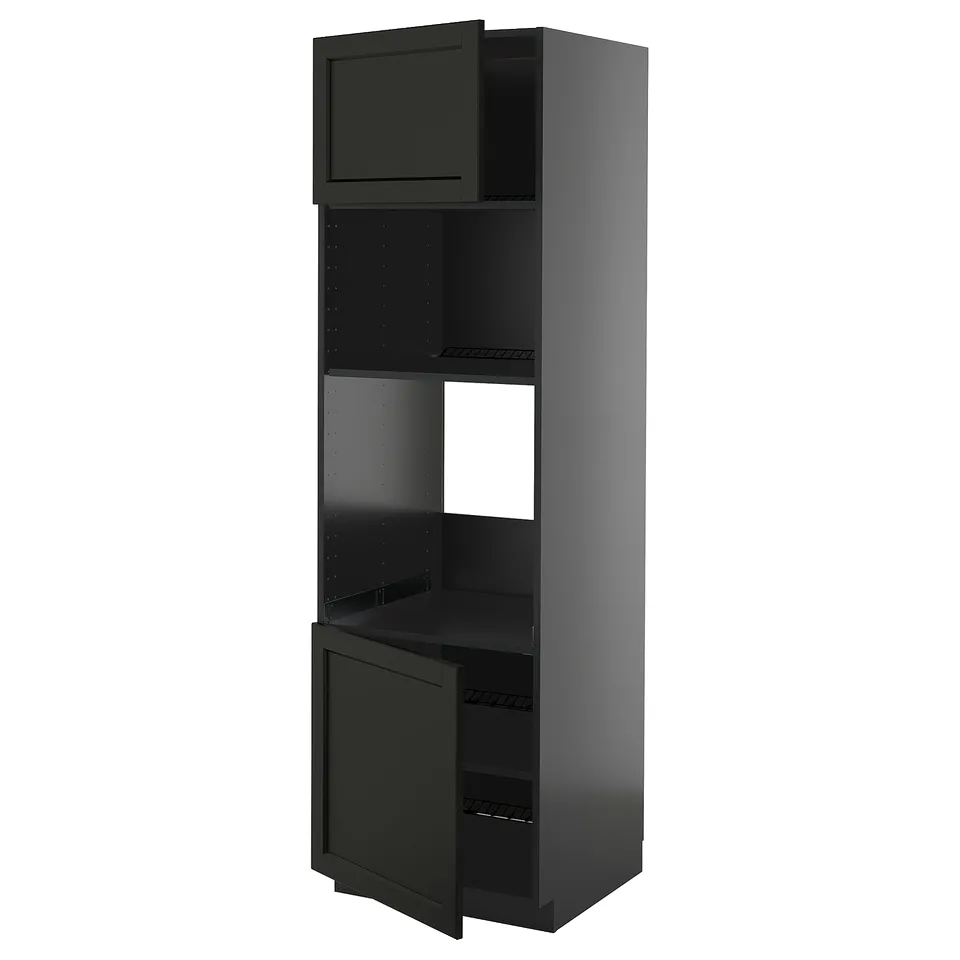 Black kitchen cabinet with door open, revealing shelves, part of the METOD system.