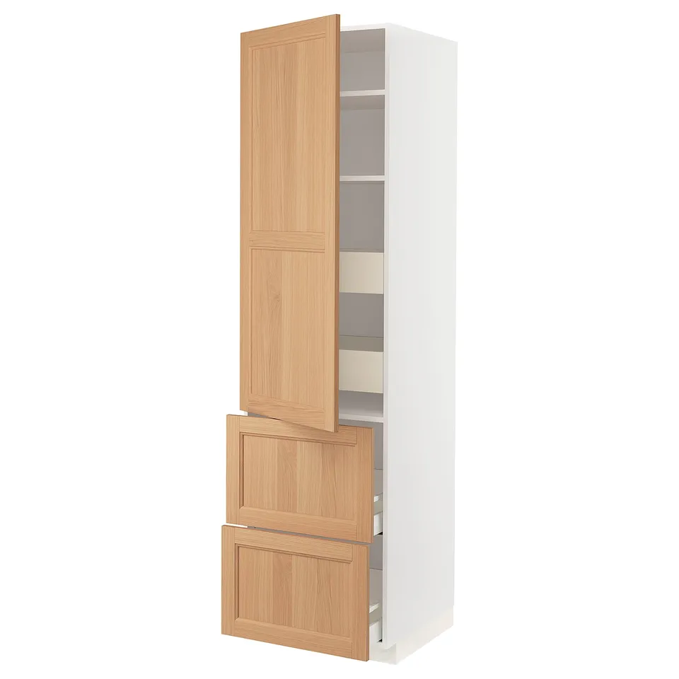 A white METOD kitchen cabinet with oak doors and drawers. It a tall unit with adjustable shelves. The cabinet has a modern and functional design.