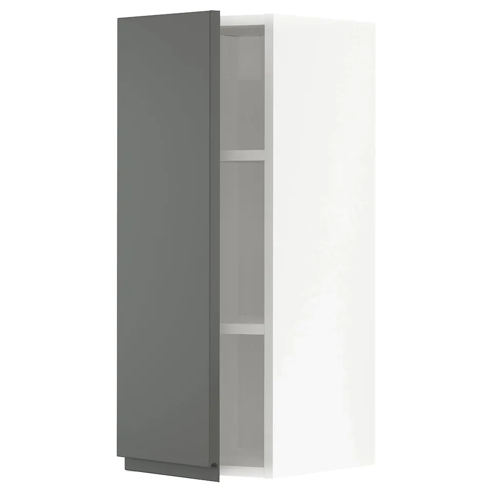 Dark grey ikea METOD wall cabinet, sleek modern design, open door showing interior shelves.
