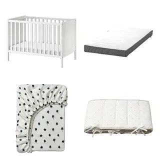 DRÖMMANDE/GRÖNFINK/LENAST/SUNDVIK set: cot + pocket spring mattress for cot + fitted sheet for cot + bumper pad, white + white/tree pattern + dotted/white grey, 60x120 cm